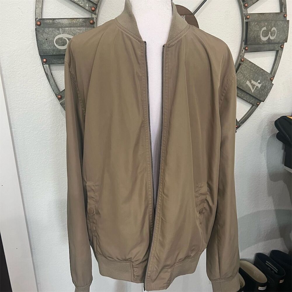 Men's Khaki Bomber Windbreaker Jacket Size M Full‎ Zip Casual Spring